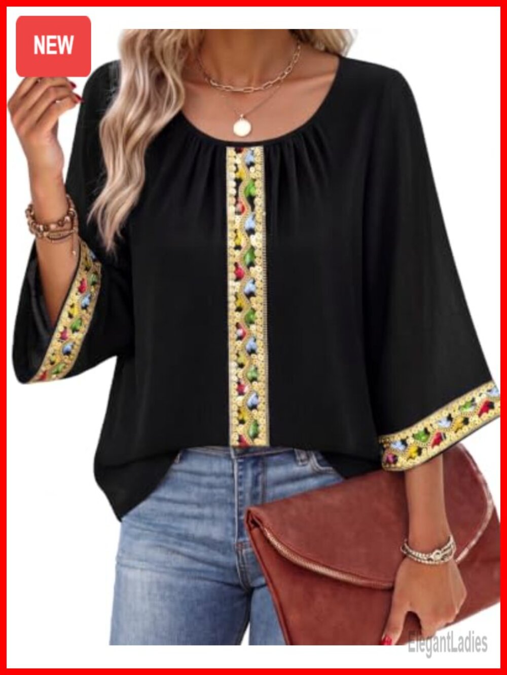Embroidered Chiffon Blouse Bell Sleeve Crew Neck